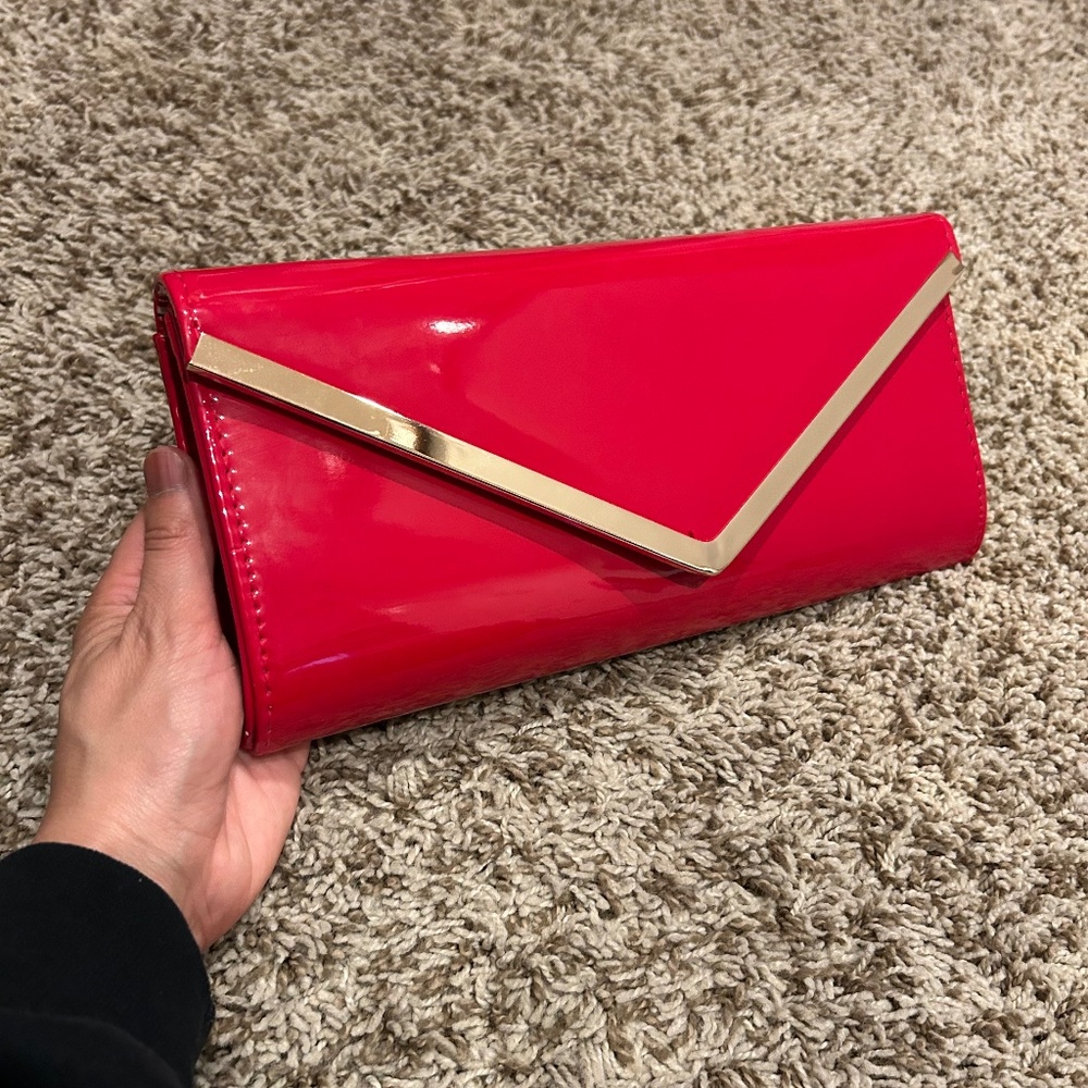 ALDO Red Patent Envelope Clutch | Gold Hardware | Lip Print Interior